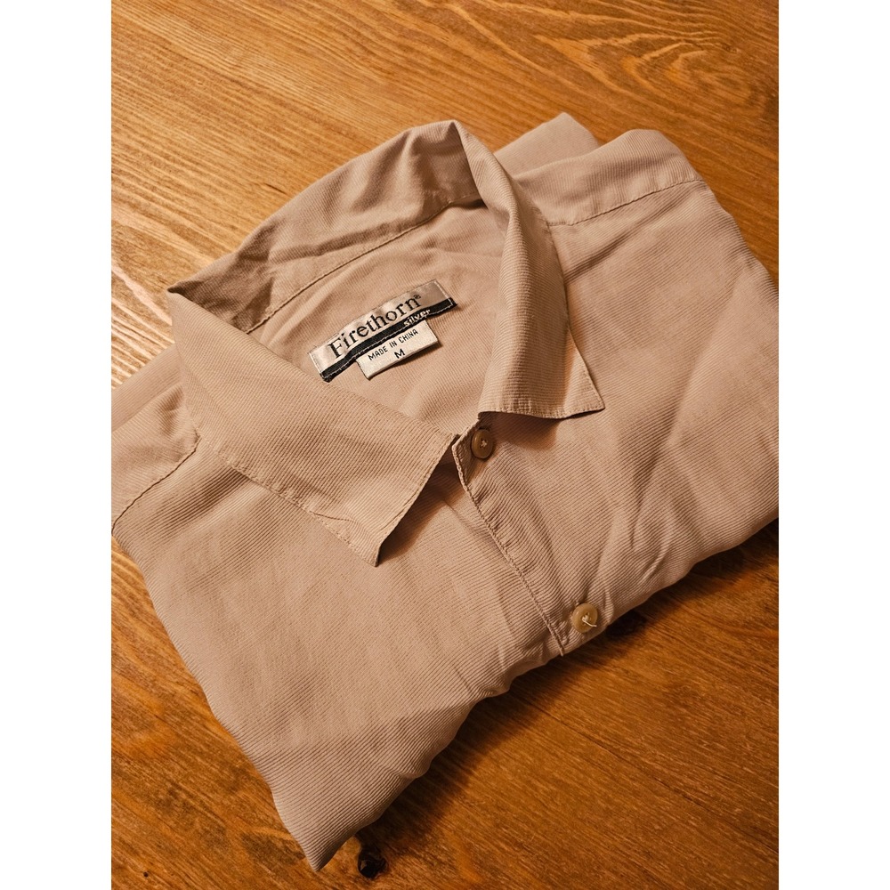Firethorn Silver Mens 100% Silk Short Sleeve Button Down Shirt Tan Khaki Medium